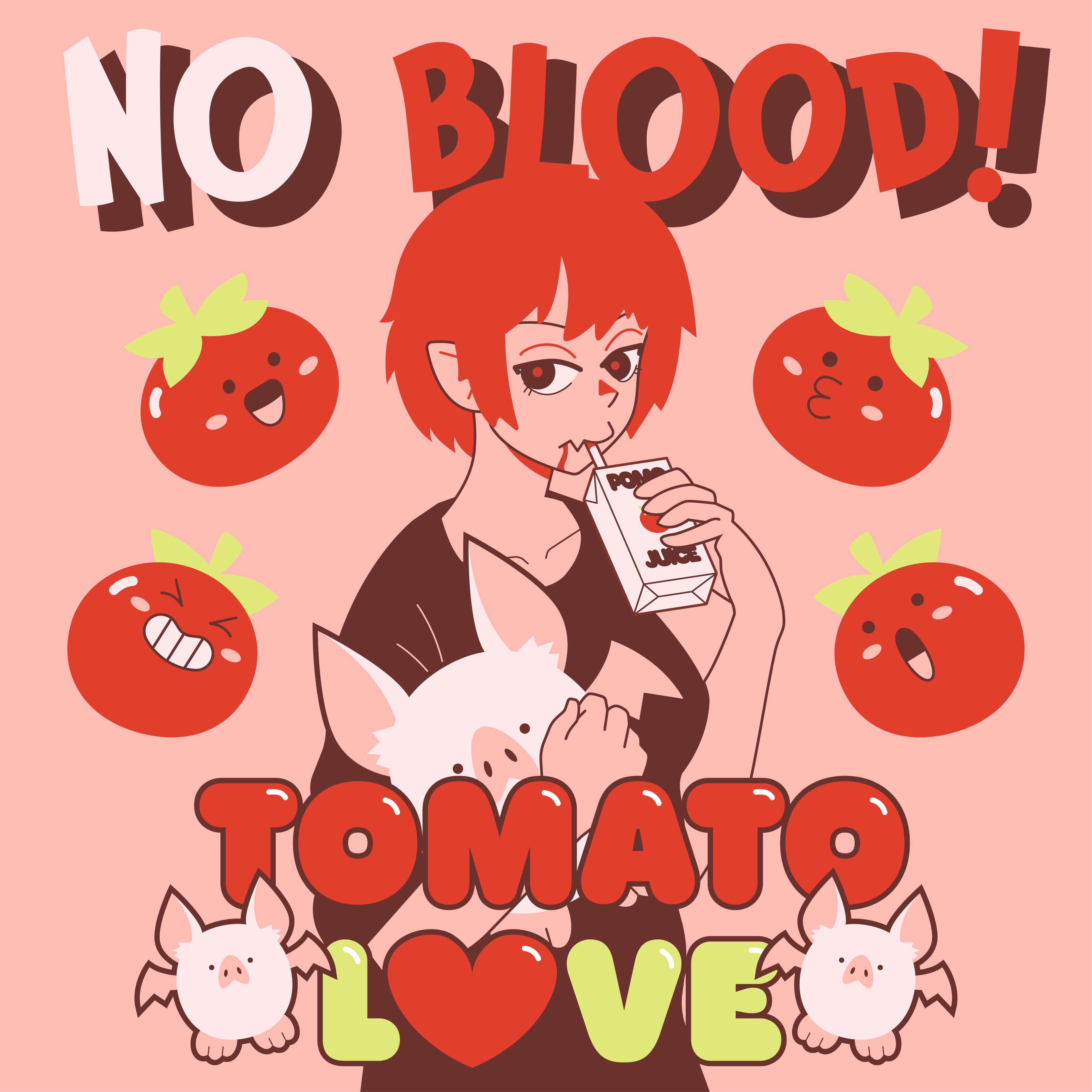 Illustration: A vampire girl holding a bat stuffed animal and drinking from a tomato juice box. Text: No Blood! Tomato Love